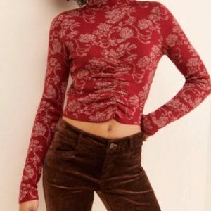 Anthropologie Ruched Mock-Neck Sweater Red Metallic Gold Size S